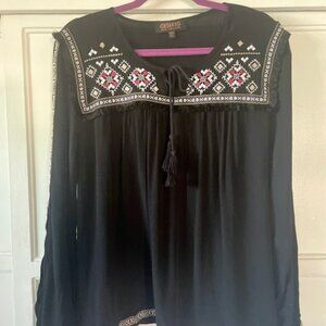 Shyanne Top Women's 2XL Black Embroidery Ruffles Keyhole Neckline Plus Size
